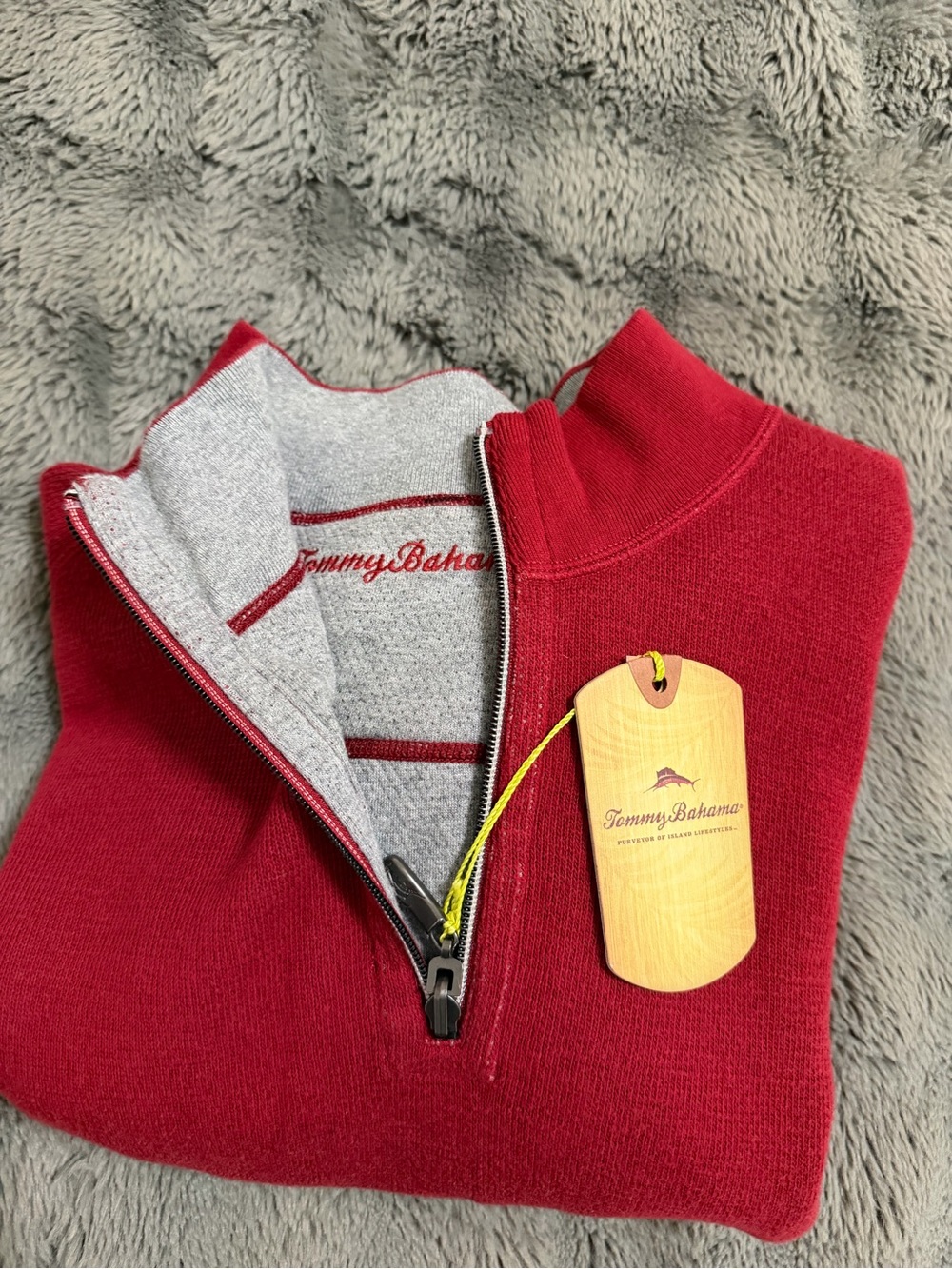 Tommy Bahama Red Men’s Half-Zip Sweater with Gray Contrast Collar - Picture 5 of 6